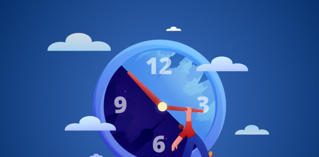 Illustration of a clock showing one side dark and one light to indicate circadian rhythms and the human body clock with clouds in the background. A man is hanging onto the clock hand.