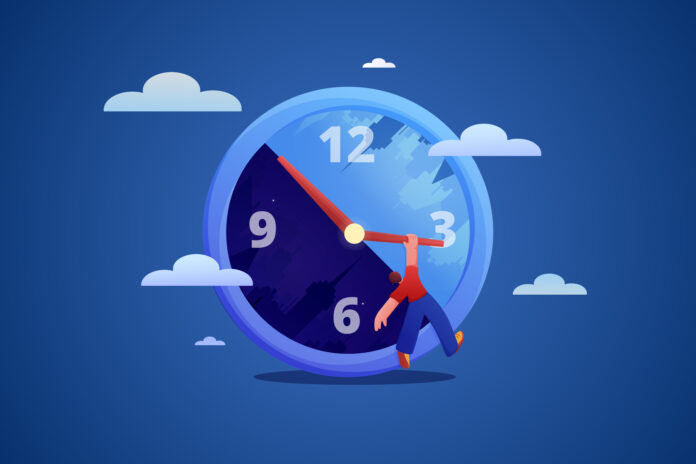 Illustration of a clock showing one side dark and one light to indicate circadian rhythms and the human body clock with clouds in the background. A man is hanging onto the clock hand.