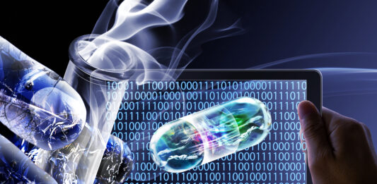 Translucent robotic looking hand holding a test tube next to a screen showing code and a digital pill to symbolize the use of AI to develop new protein phase separation drugs