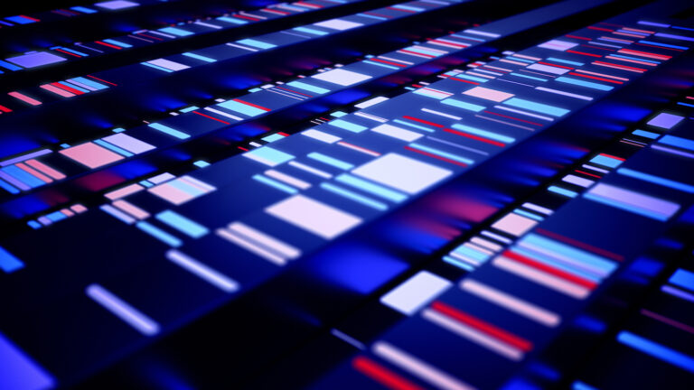 Abstract high-tech background with glowing lights in a row. Next-generation sequencing concept