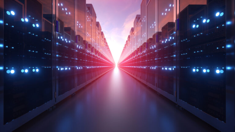 3d rendering of rows of network servers machine farm cloud computing hardware on blue sky background