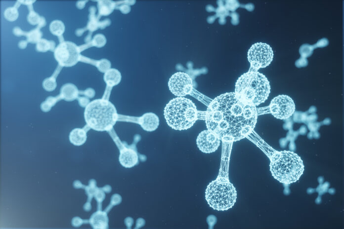 Digital molecules, atoms bacground. Low polygoanl grid structure, connection lines and dots. Molecular structure of connection lines and dots. 3D illustration