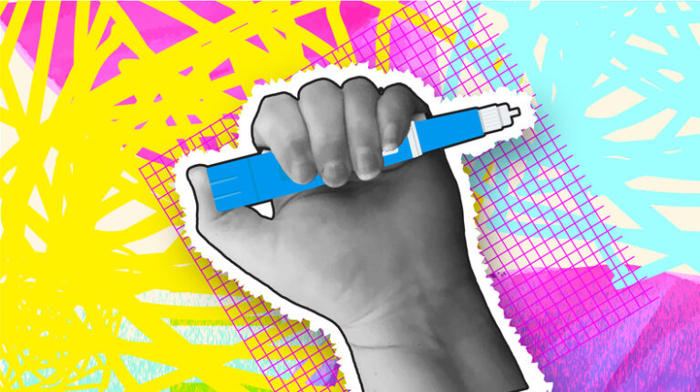 Collage style hand holding semaglutide Injection Pen cost or money concept with textures and vibrant colors